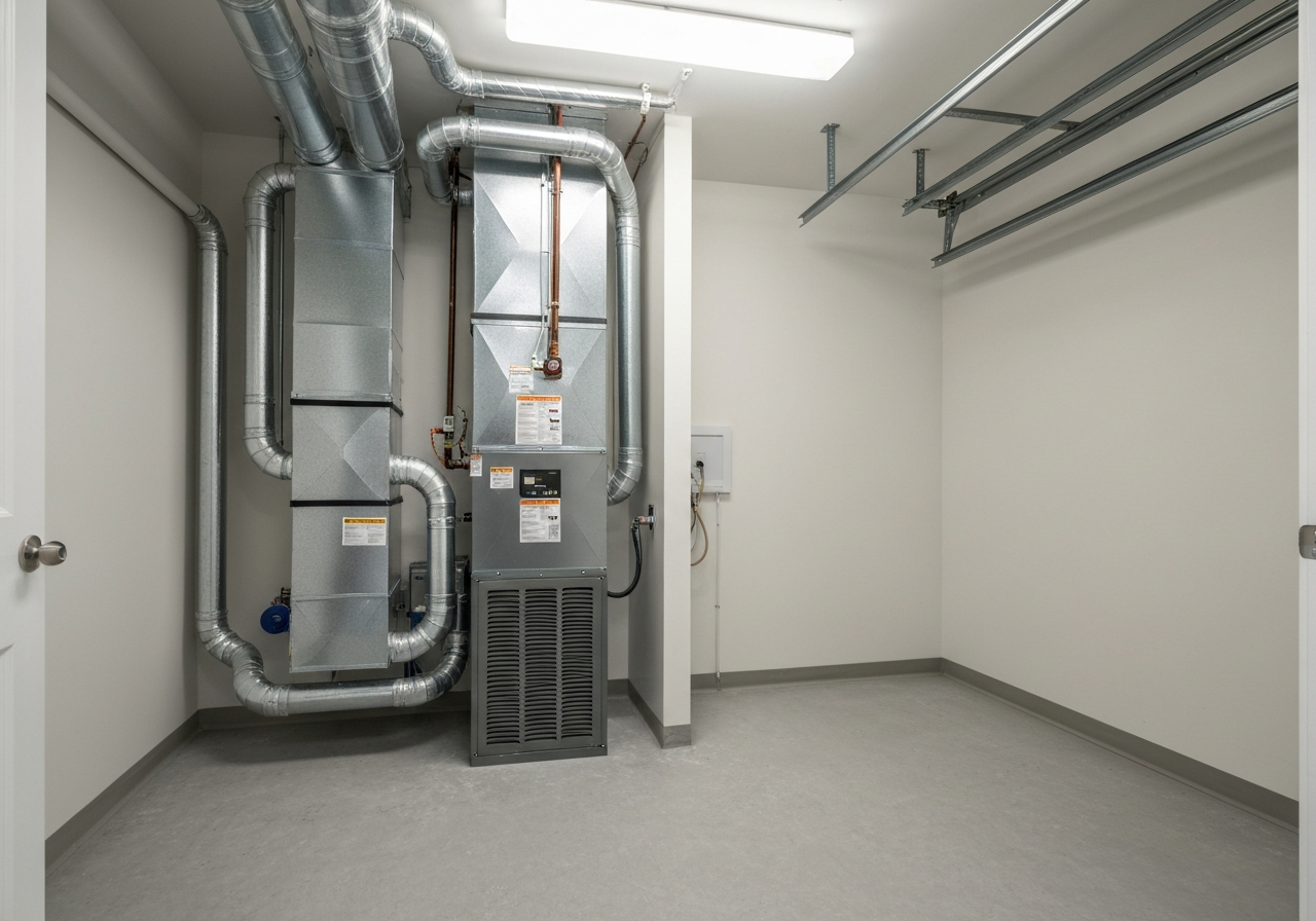 Ruud heat pump system installation showing indoor air handler and outdoor condenser unit