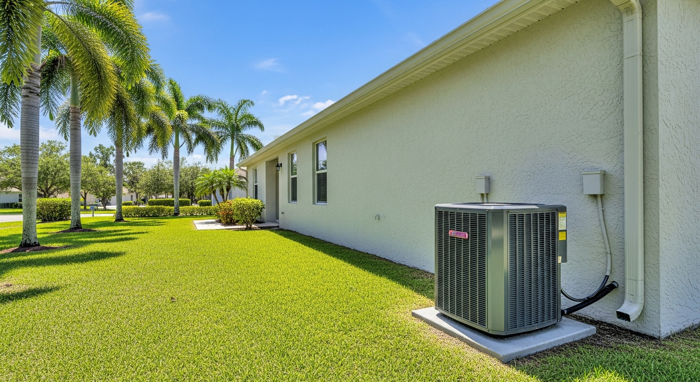 Professional Ruud HVAC condenser unit installed outside a Florida home on a sunny day