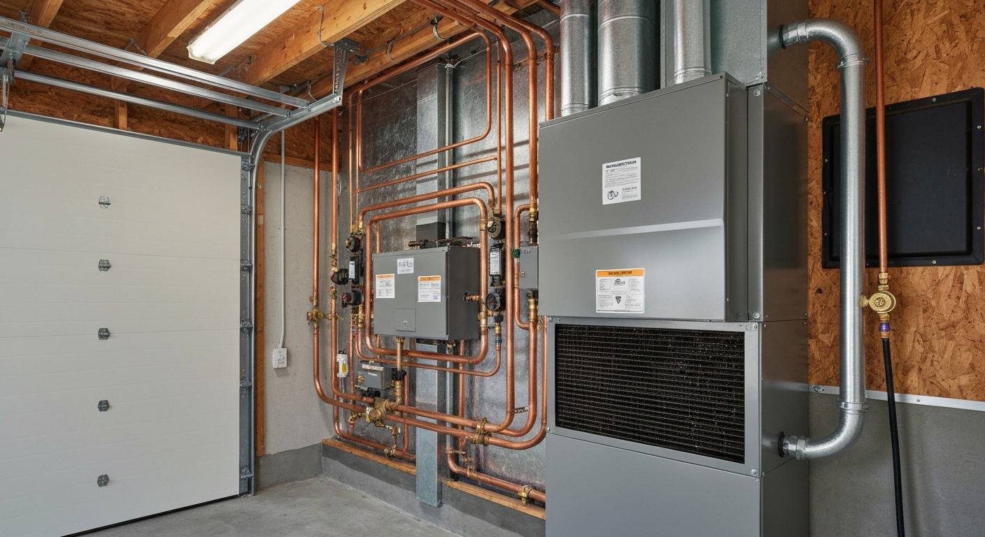 Close-up of a newly installed indoor air handler in an Archer garage utility space, clean copper lines
