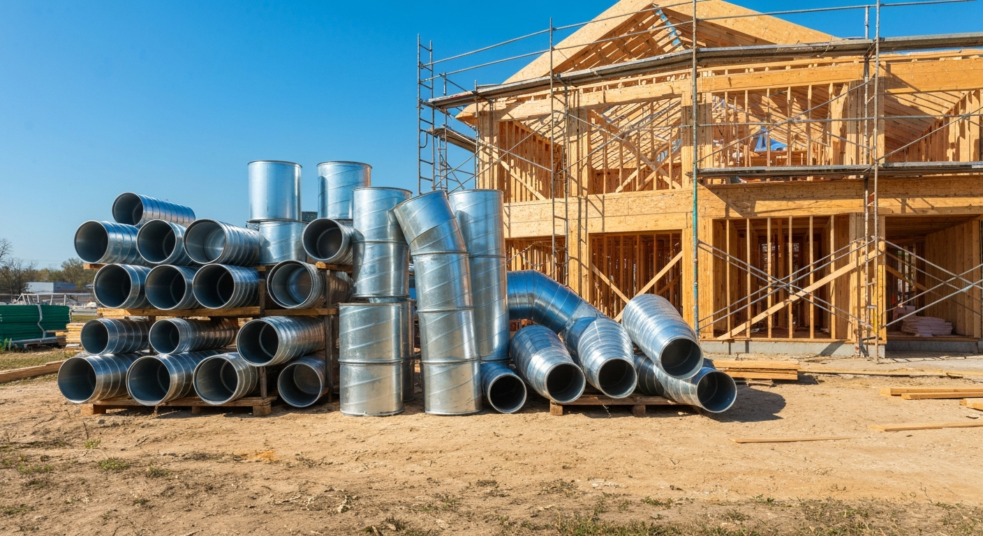 Shot of ductwork materials staged neatly beside a home under construction in Newberry
