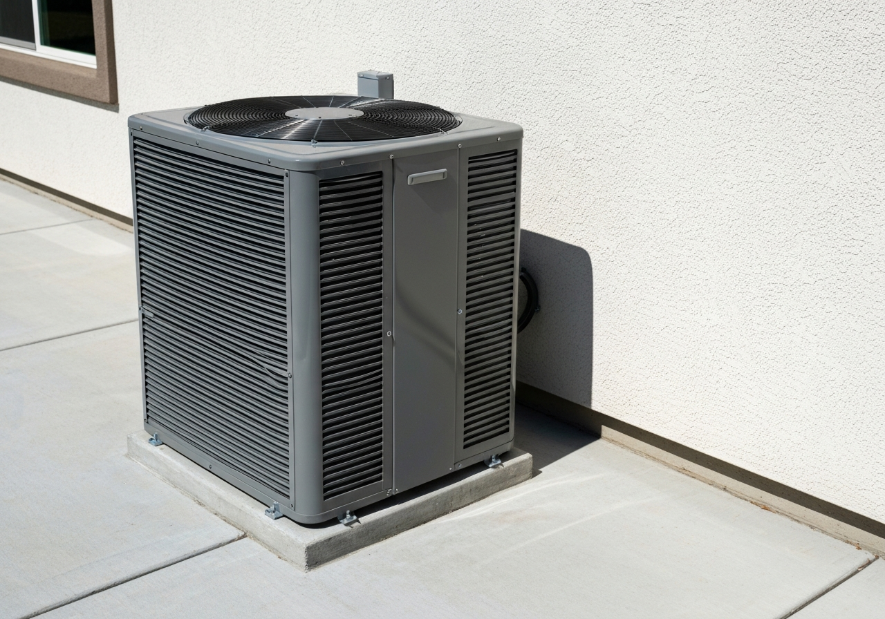 Modern Ruud variable-speed air conditioner condenser unit installed outdoors on a concrete pad