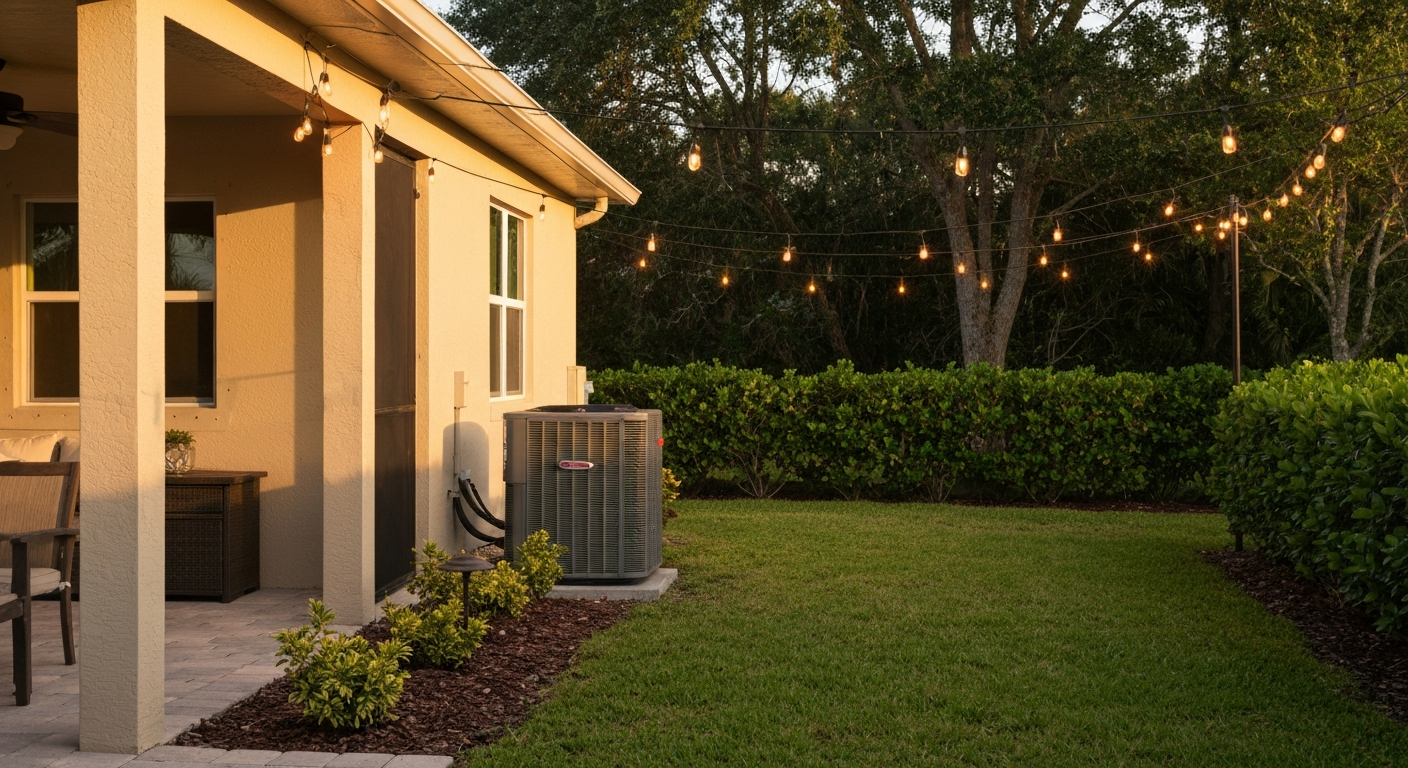 Completed outdoor HVAC installation in a well-kept Florida backyard with string lights at golden hour