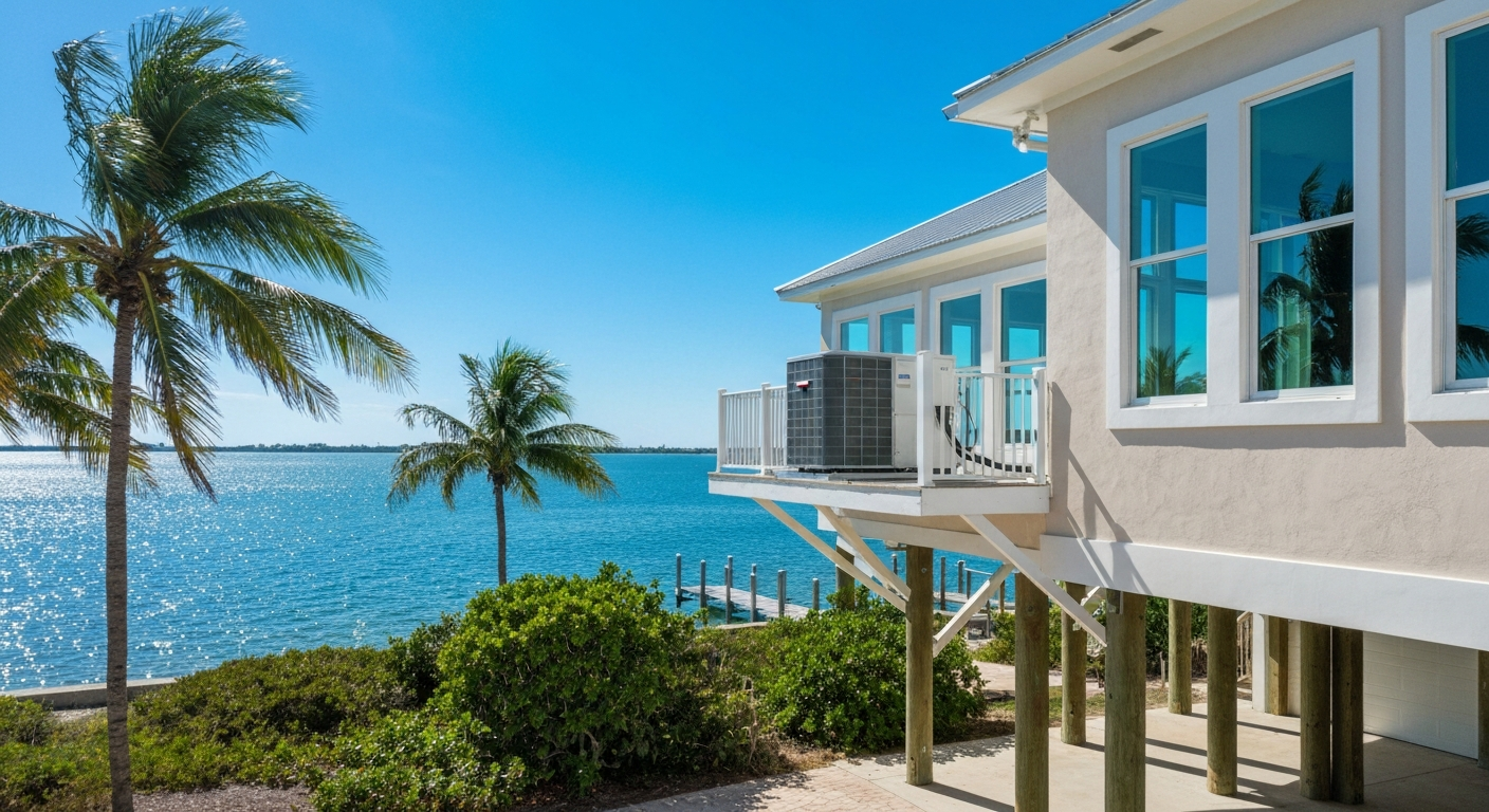 Bright coastal shot of a raised Florida Gulf Coast home on stilts with an outdoor HVAC unit mounted on an elevated platform
