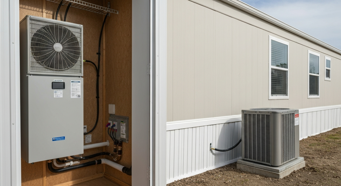 Mobile home HVAC condenser unit and skirting, showing complete system work for a Florida manufactured home.