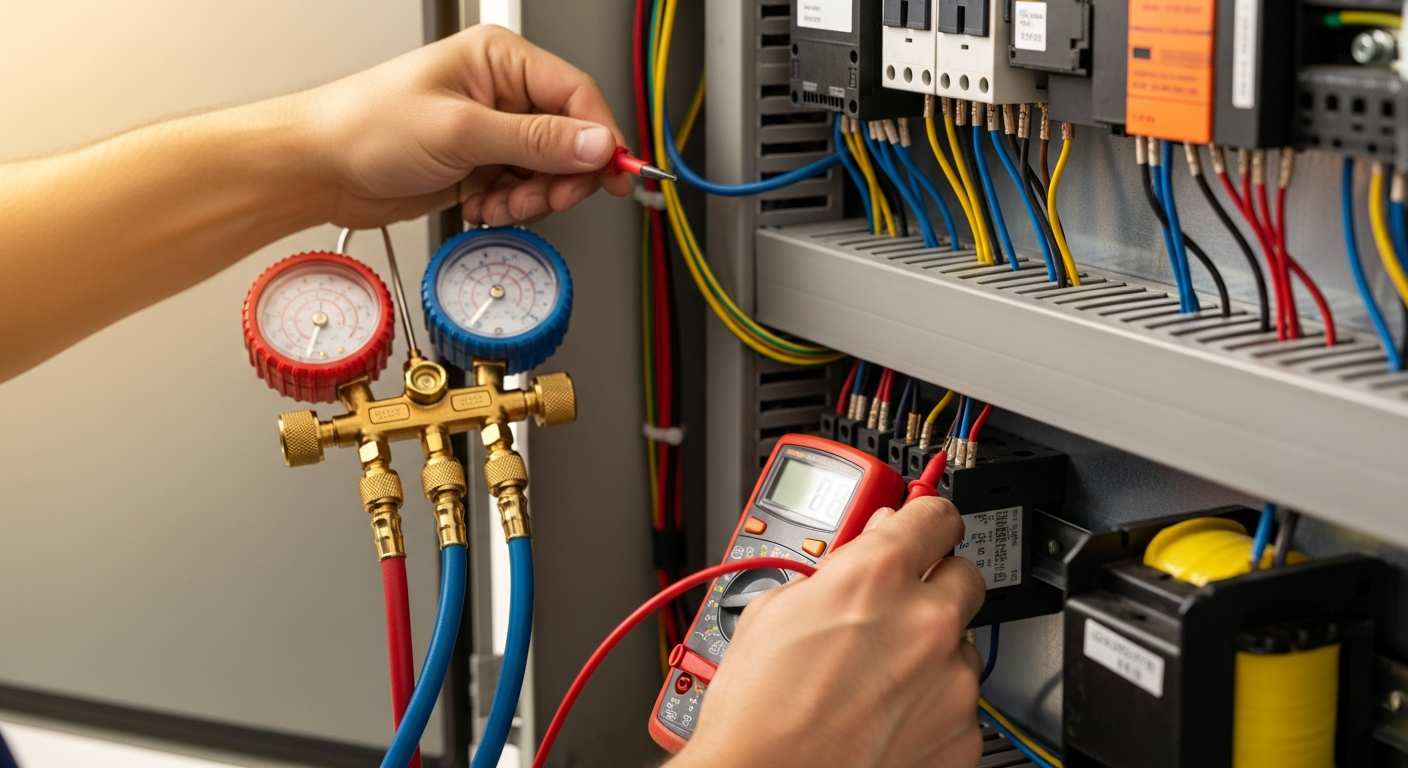 HVAC technician using a multimeter to diagnose the open electrical panel of an outdoor air conditioning unit