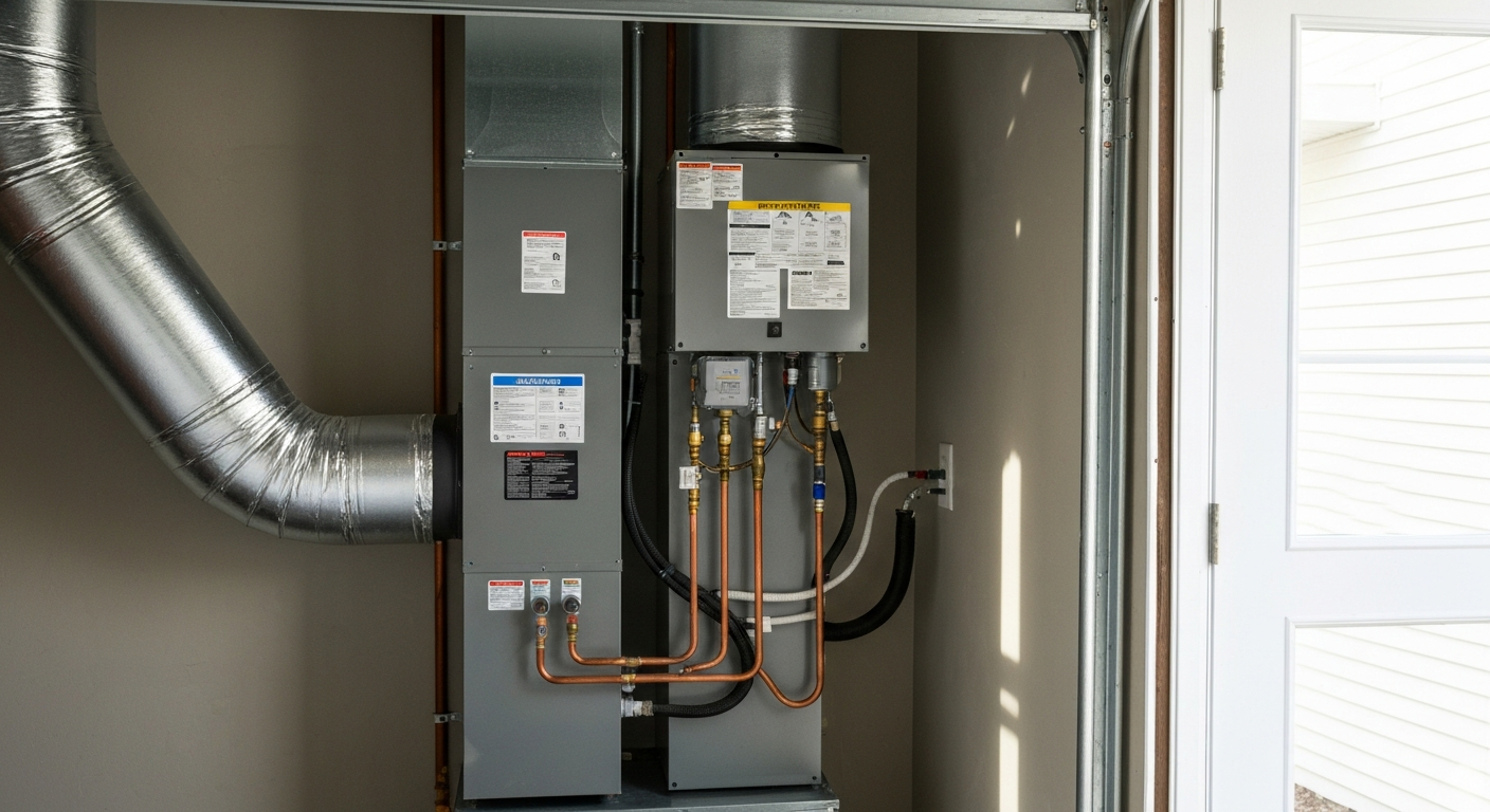 A residential air handler HVAC unit installed cleanly in a home garage or closet, showing visible copper refrigerant lines and professional ductwork connections