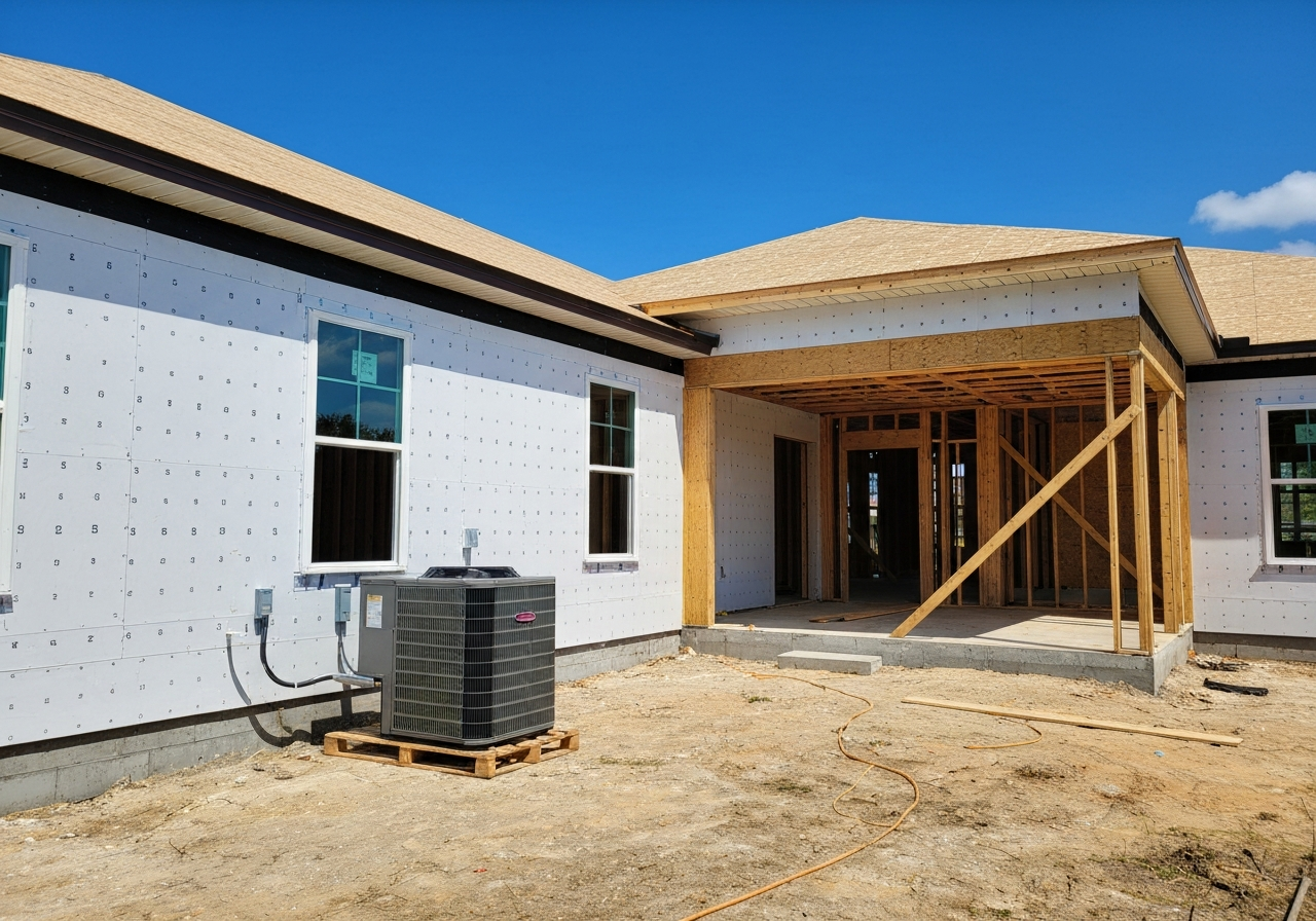Wide shot of a newly framed home exterior mid-construction with an HVAC unit staged on the ground nearby ready for installation