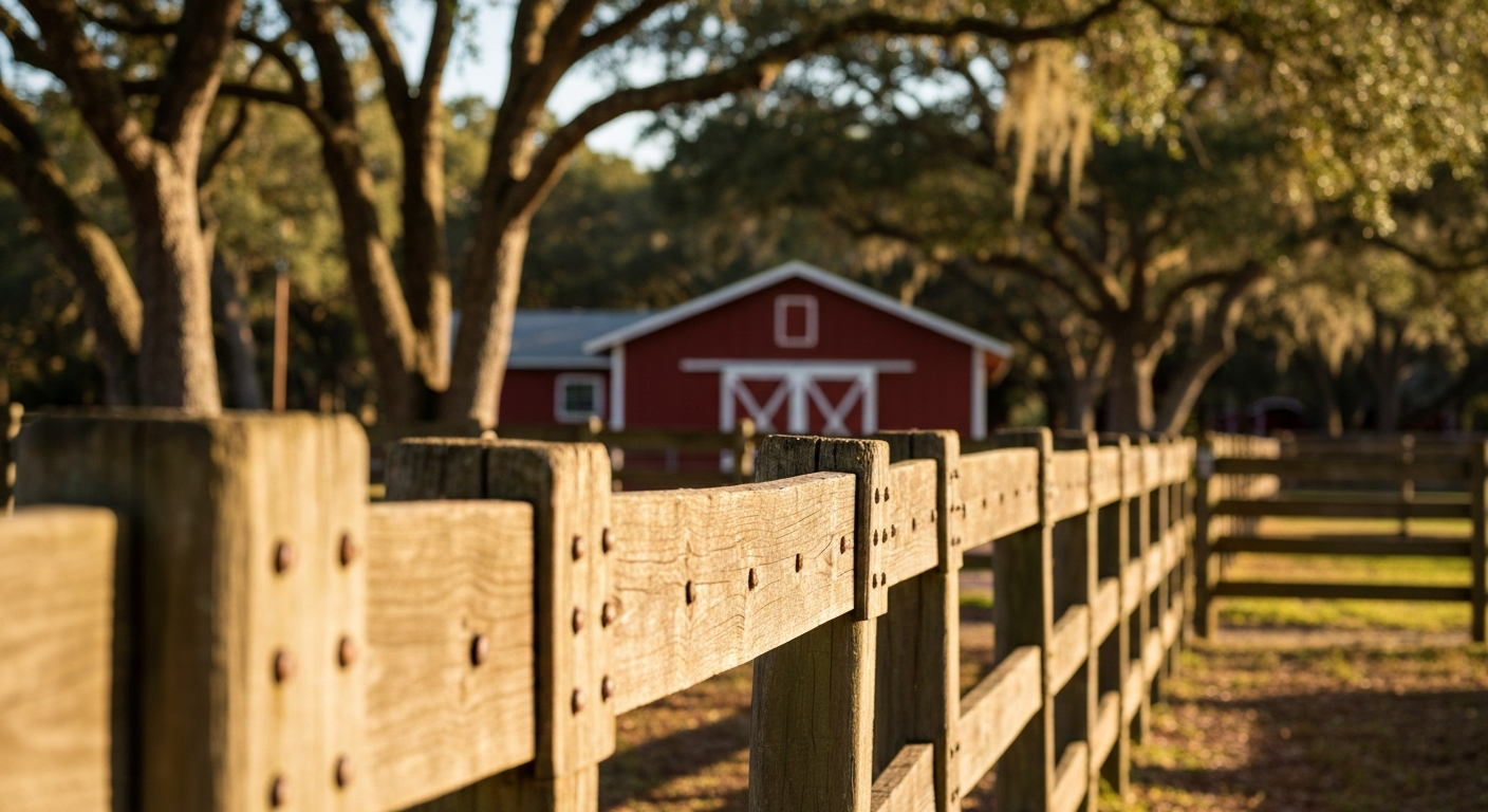 A close-up of a horse-farm fence line in Williston with a red barn partially visible in the background, Florida oak trees, warm natural light.