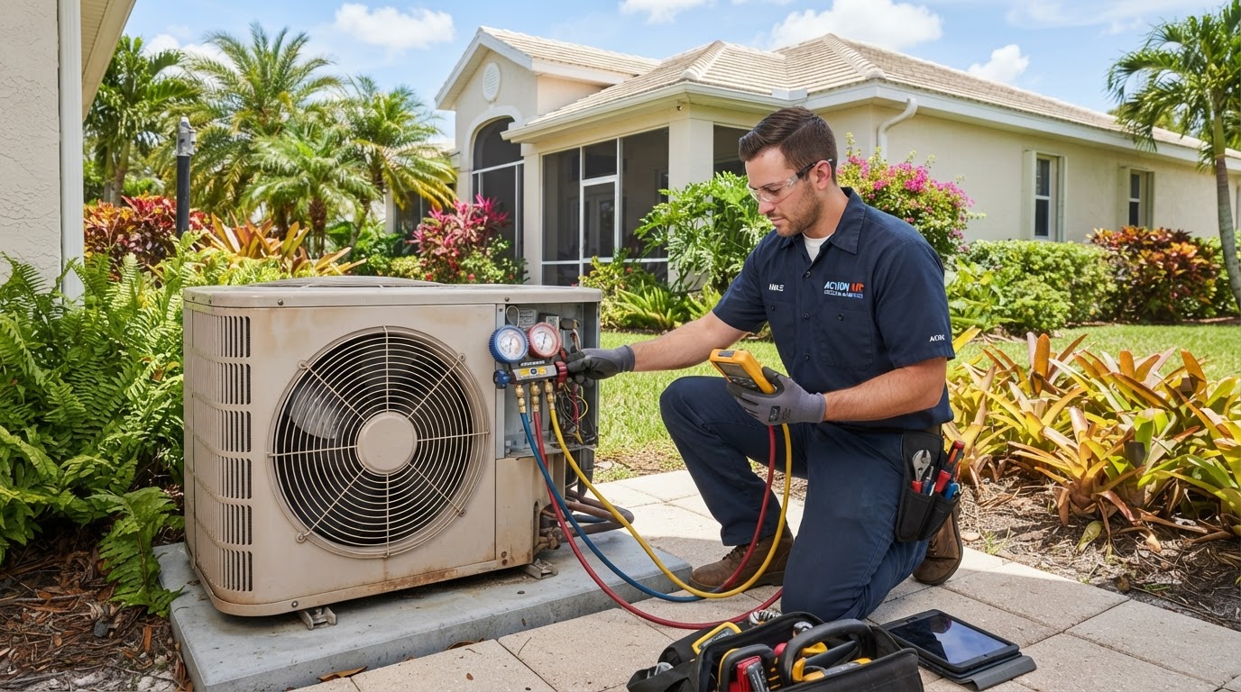 HVAC technician servicing a residential outdoor heat pump condenser on a sunny Florida day