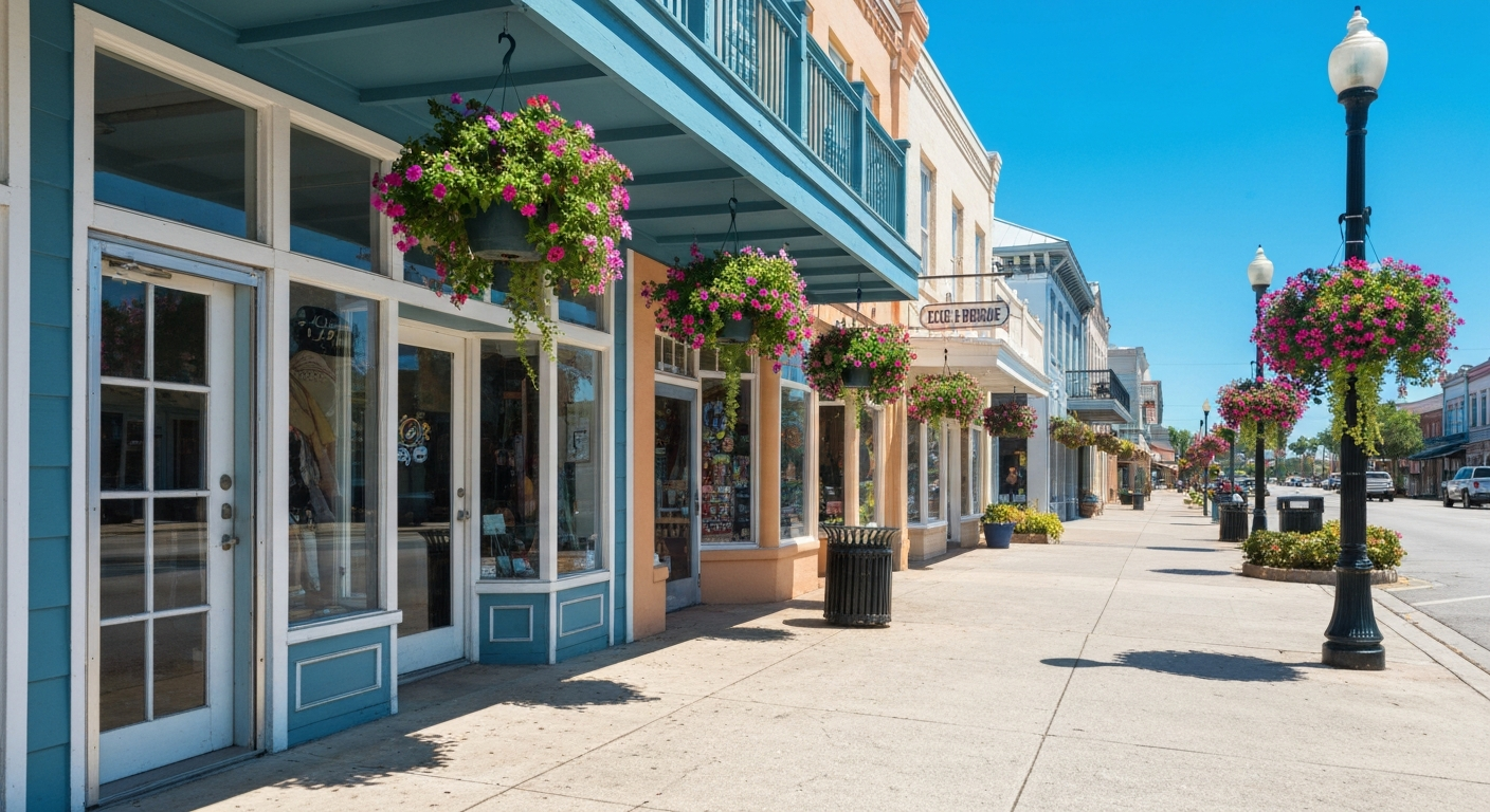 A bright shot of Archer's historic small-town Florida storefront street with clean sidewalks and hanging flower baskets, bright daytime lighting