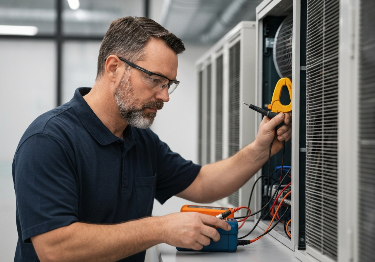 HVAC technician testing airflow and system performance after Allied installation.