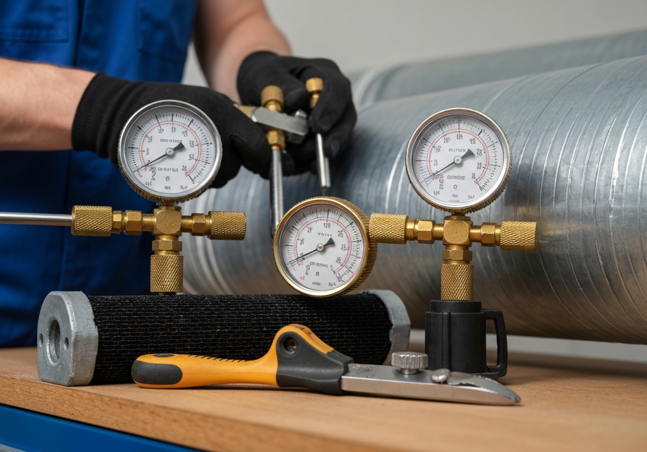 A close-up detail shot of an HVAC technician's tool and gauge setup or ductwork.