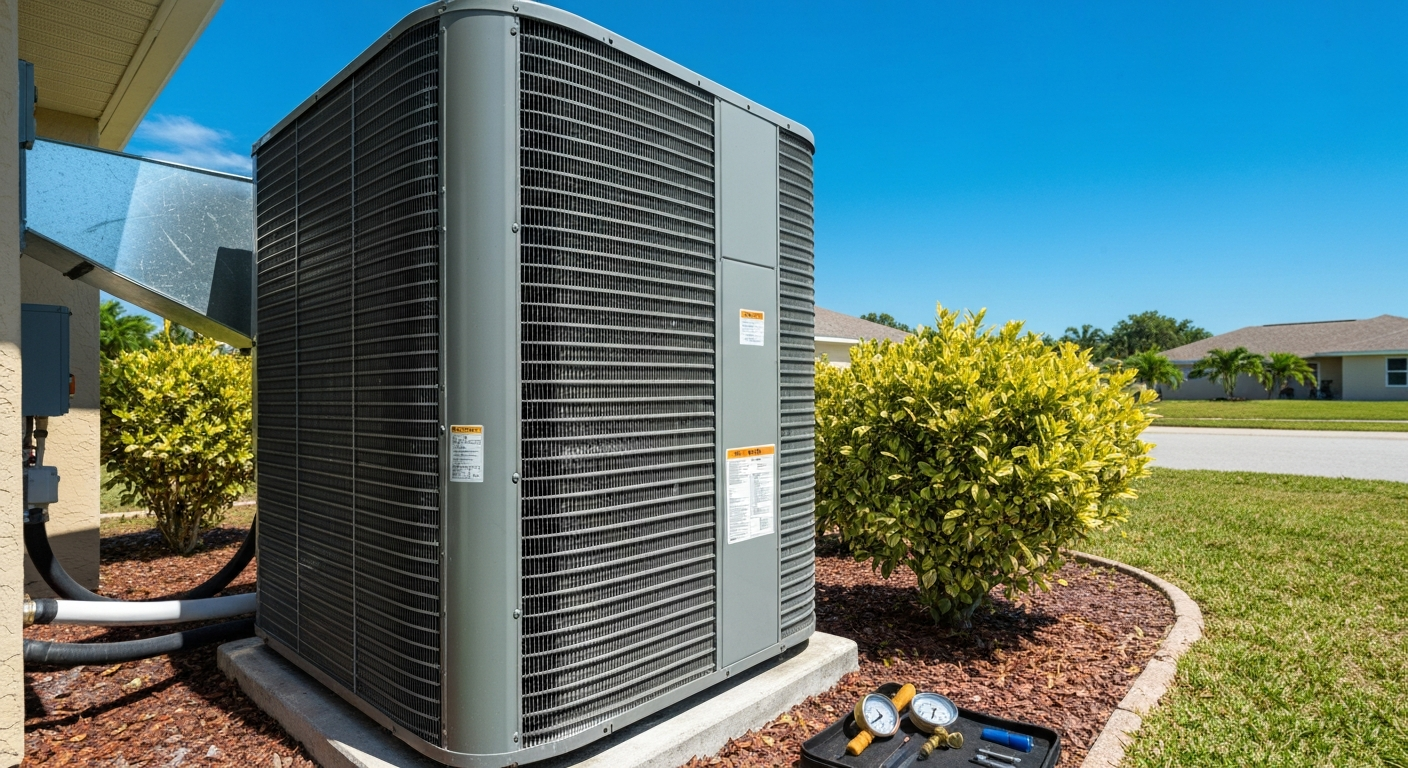 A clean, professional close-up of a residential outdoor HVAC condenser unit with neat landscaping around it.
