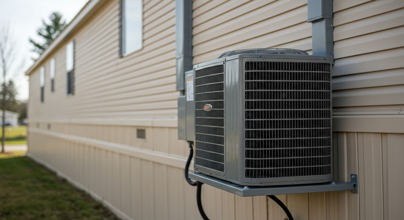 Outdoor HVAC condenser unit installed beside a mobile home with skirting visible, showing a complete manufactured-home system.