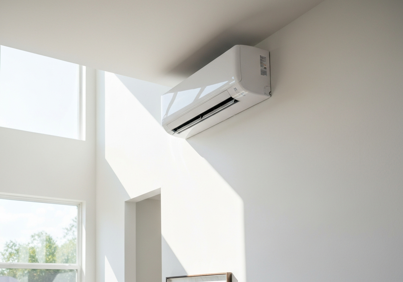 Modern Cooper & Hunter ductless mini split indoor unit installed high on a wall in a comfortable Florida home.