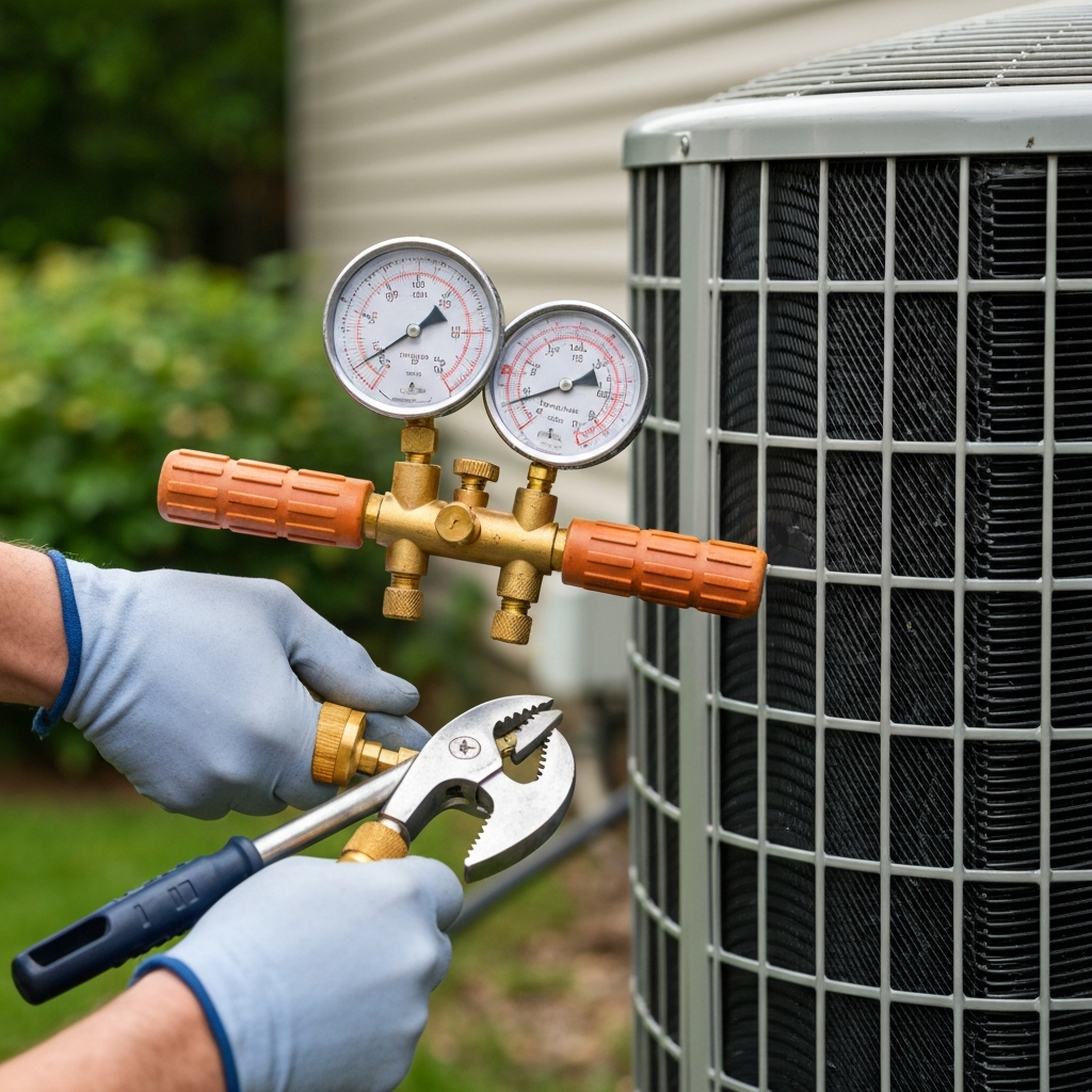 Close-up of a technician's manifold gauge set and HVAC tools staged near a residential outdoor AC unit