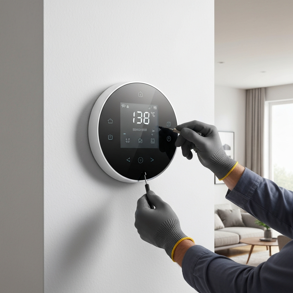 A modern smart thermostat mounted on a clean interior wall with a technician's hand adjusting it, signaling professional HVAC work in Alachua