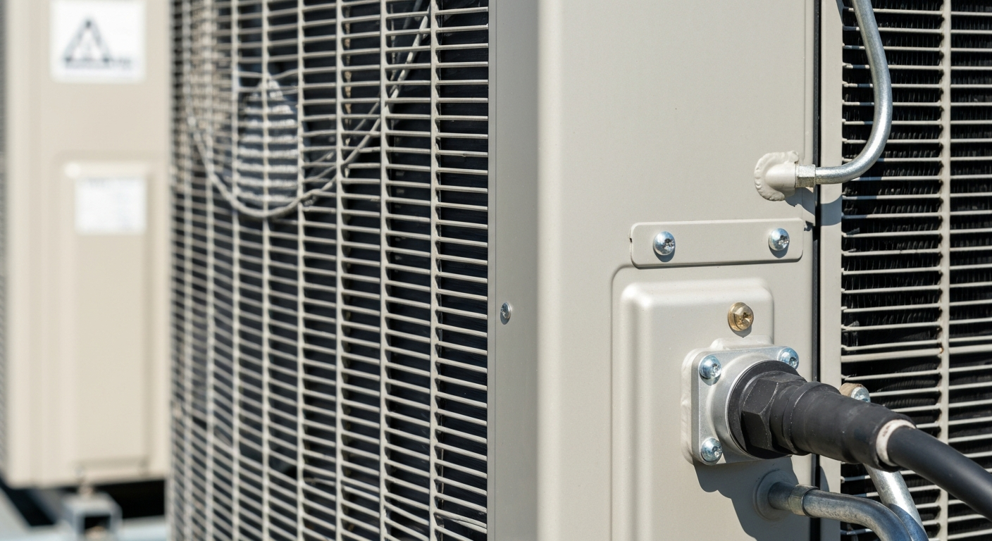 Close-up detail shot of a weatherproofed outdoor condenser unit built for coastal salt-air conditions