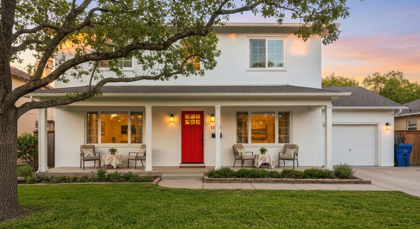 A tidy residential exterior in a Gainesville historic-district style, single-story bungalow with a front porch, mature oak trees with visible Spanish moss overhead, warm late-afternoon light