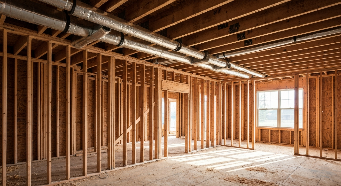 Construction-in-progress shot showing HVAC rough-in ductwork run through open ceiling joists in a framed but unfinished home
