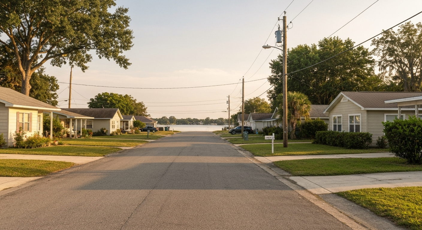 A quiet, low-key residential street near Lake Rousseau or the Withlacoochee River, calm water in the background, a modest well-kept home, evoking a quiet inland retiree community.