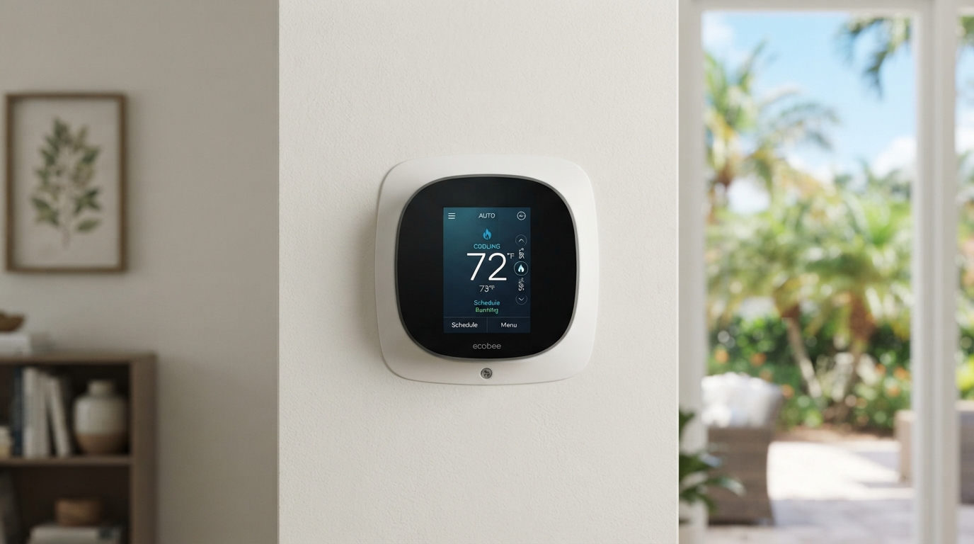 Modern smart thermostat with a glowing touchscreen display mounted on the wall of a Florida home, showing temperature controls.