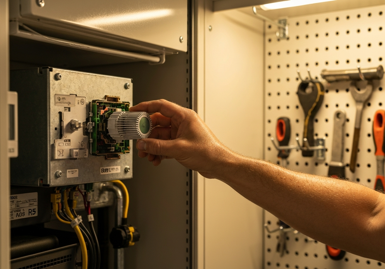 HVAC technician's hand adjusting the thermostat control panel on an indoor air handler unit during a service call