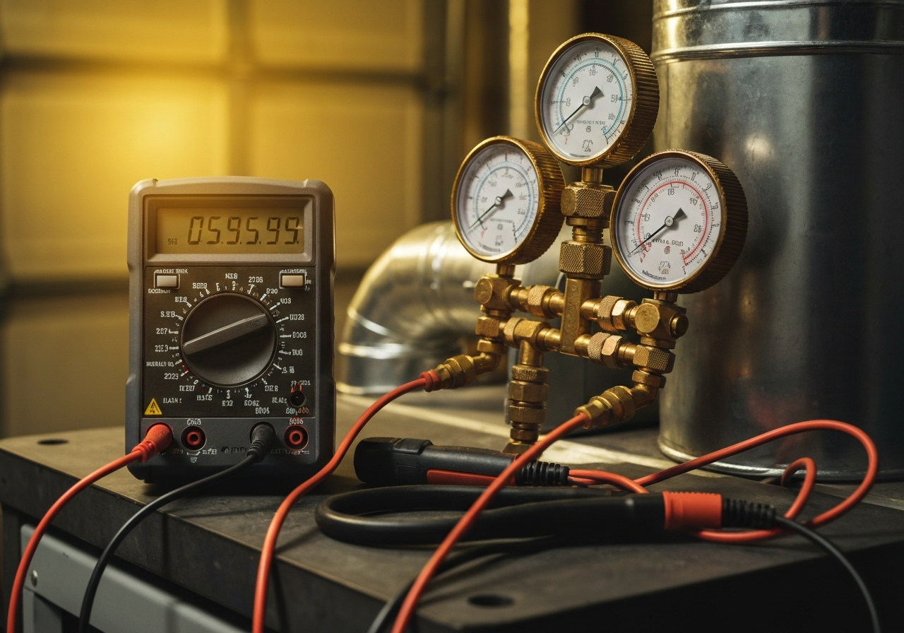 A close-up detail shot of an HVAC technician's tool and gauge setup or ductwork.