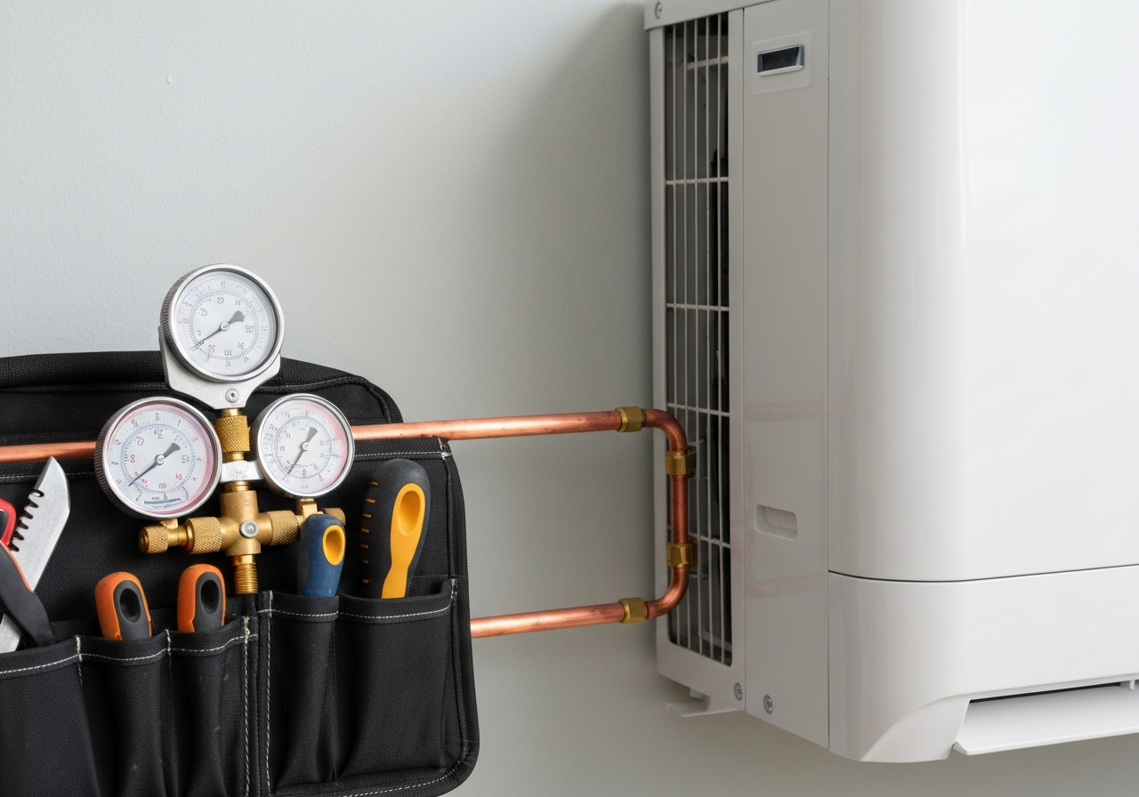 HVAC technician's tool bag and manifold gauges near a ductless mini-split installation