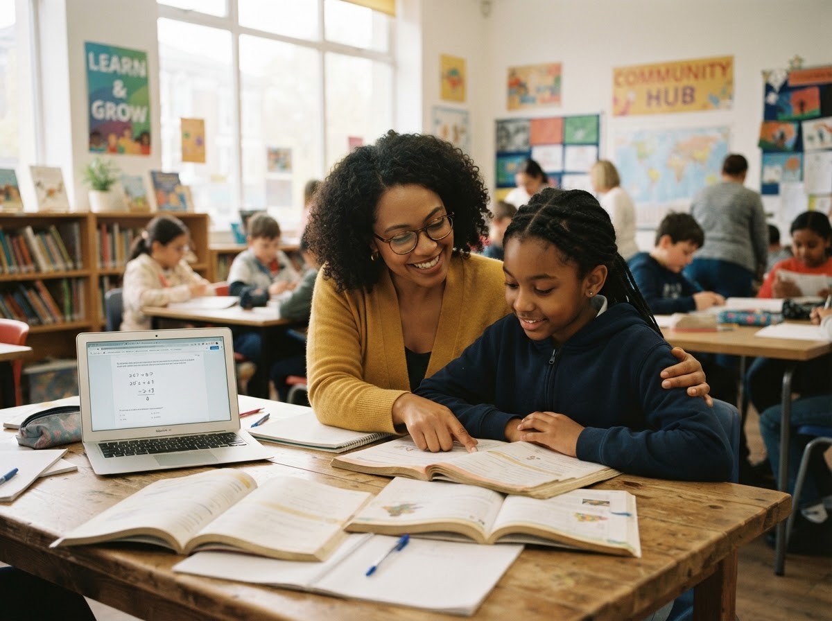 Tutor mentoring a young student with books and laptop in a bright community learning center