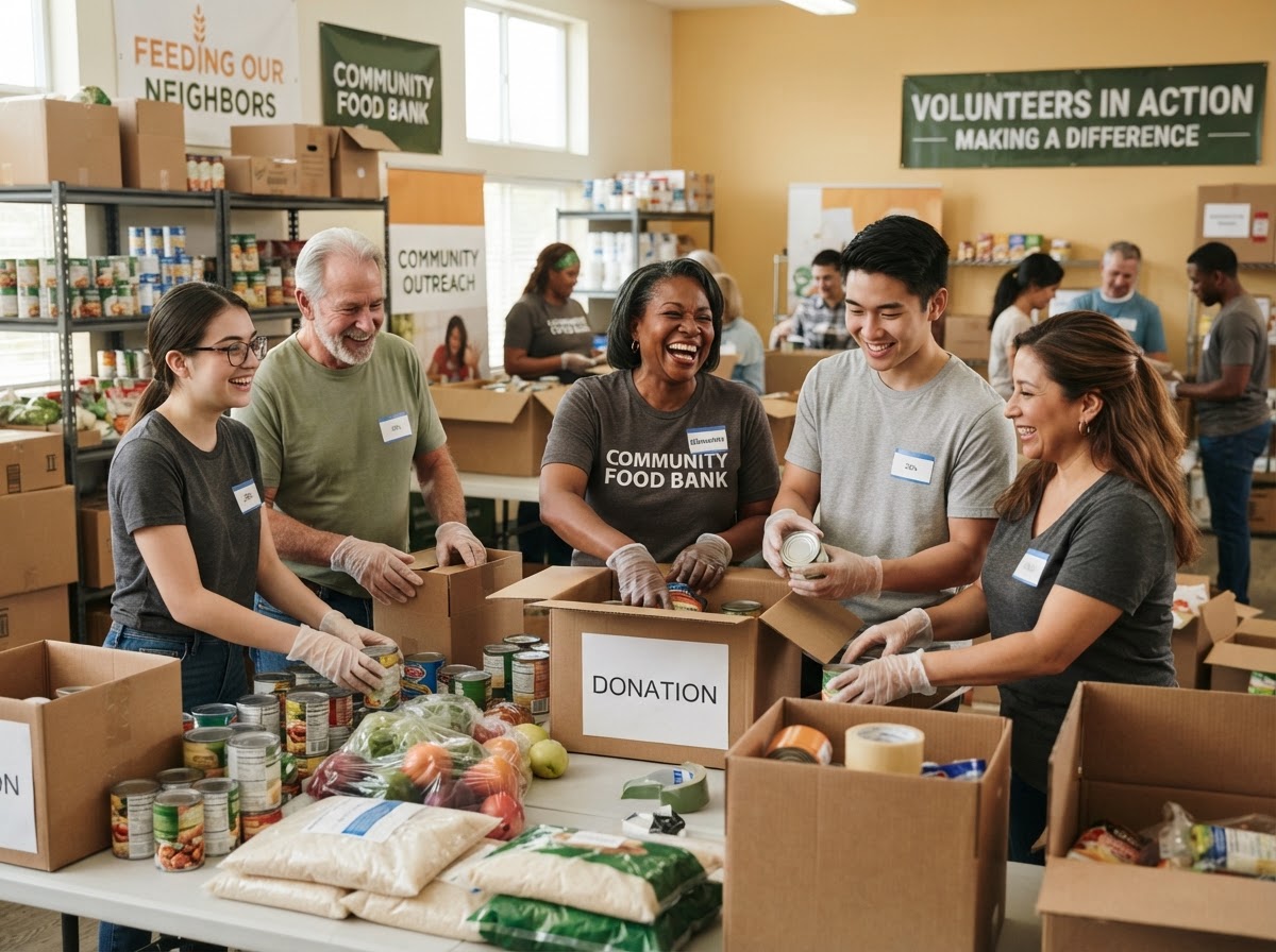 Volunteers packing donations and sorting supplies