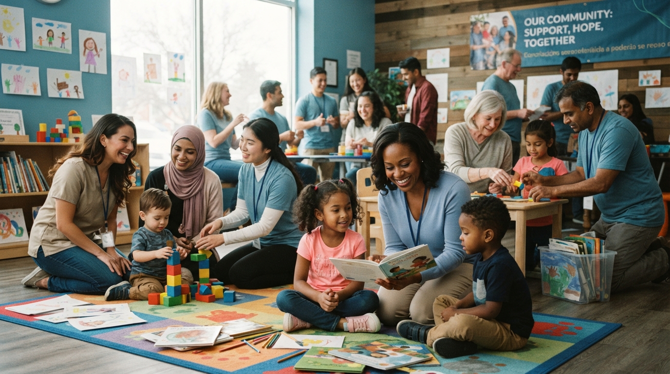 Diverse community volunteers helping families in need