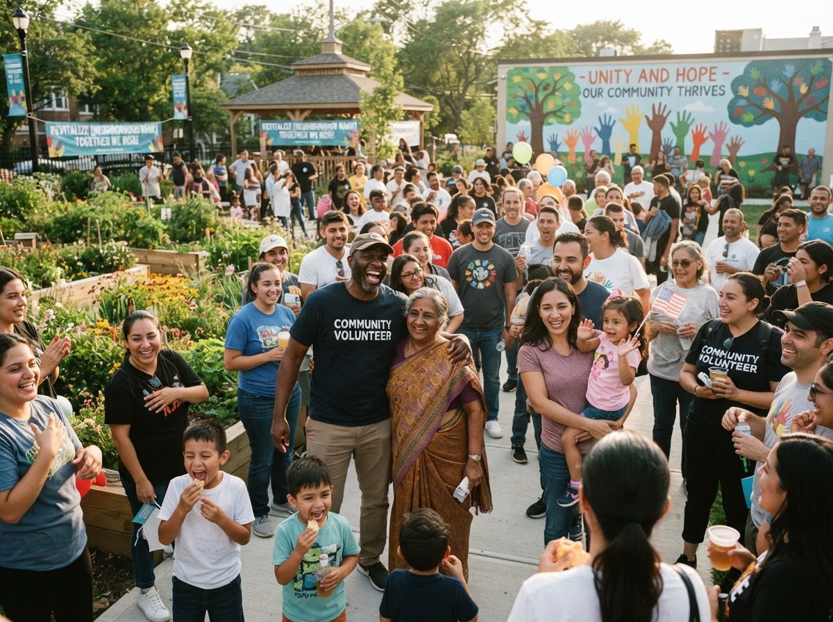 Large diverse group of community volunteers and families celebrating a revitalized neighborhood