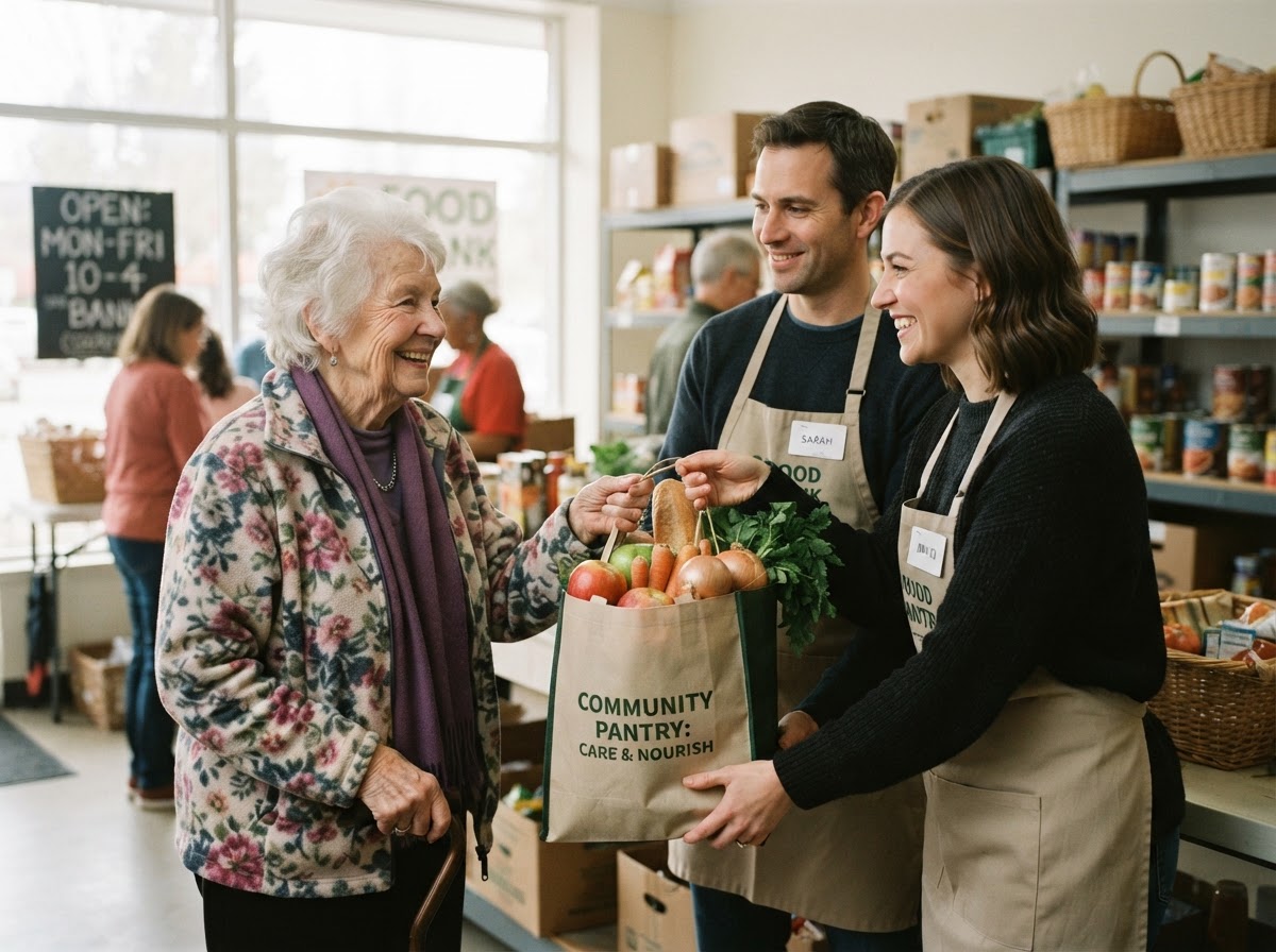 Volunteer handing a grocery bag of fresh food to a smiling elderly woman at a community pantry