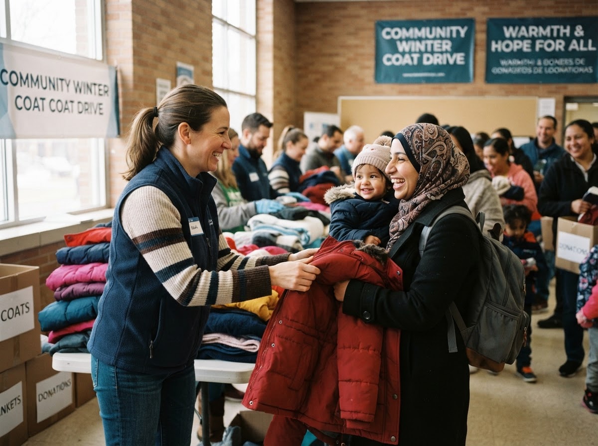 Volunteers distributing warm winter coats and blankets to families at a community outreach event