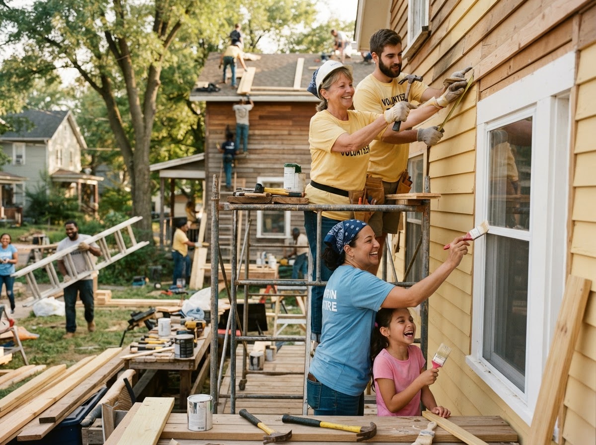 Volunteers building and repairing a family home together with hammers and paint