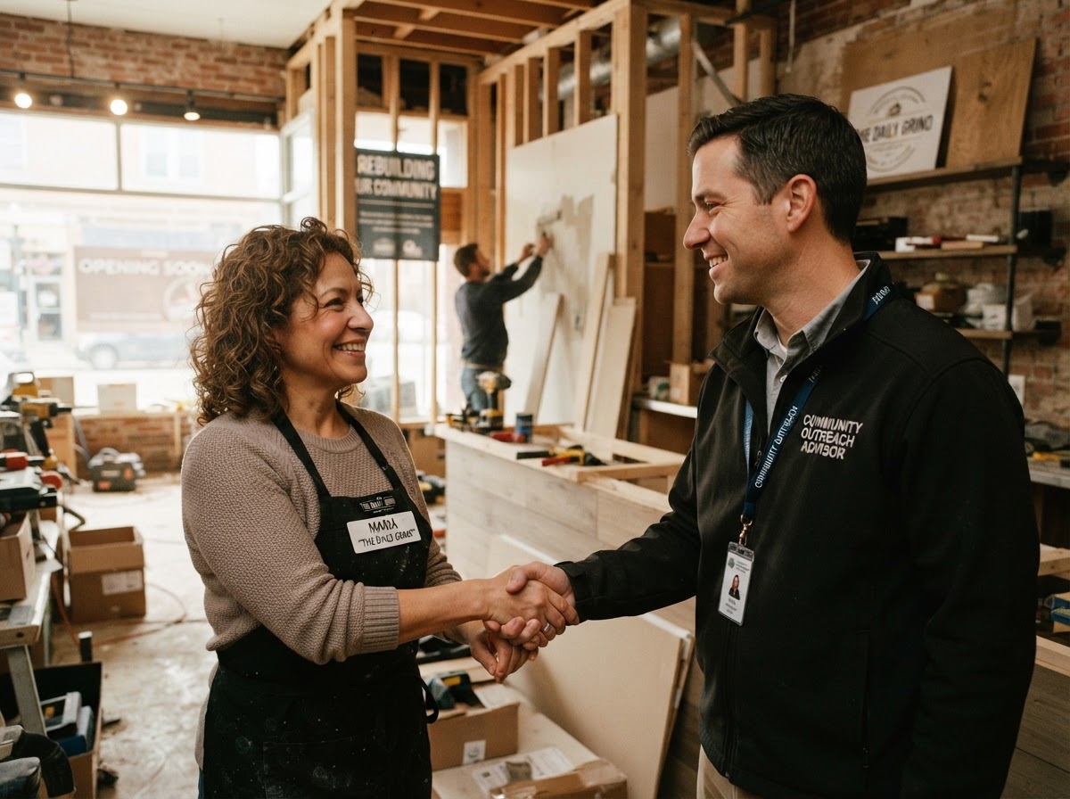 Small business owner shaking hands with an outreach advisor in a recovering storefront