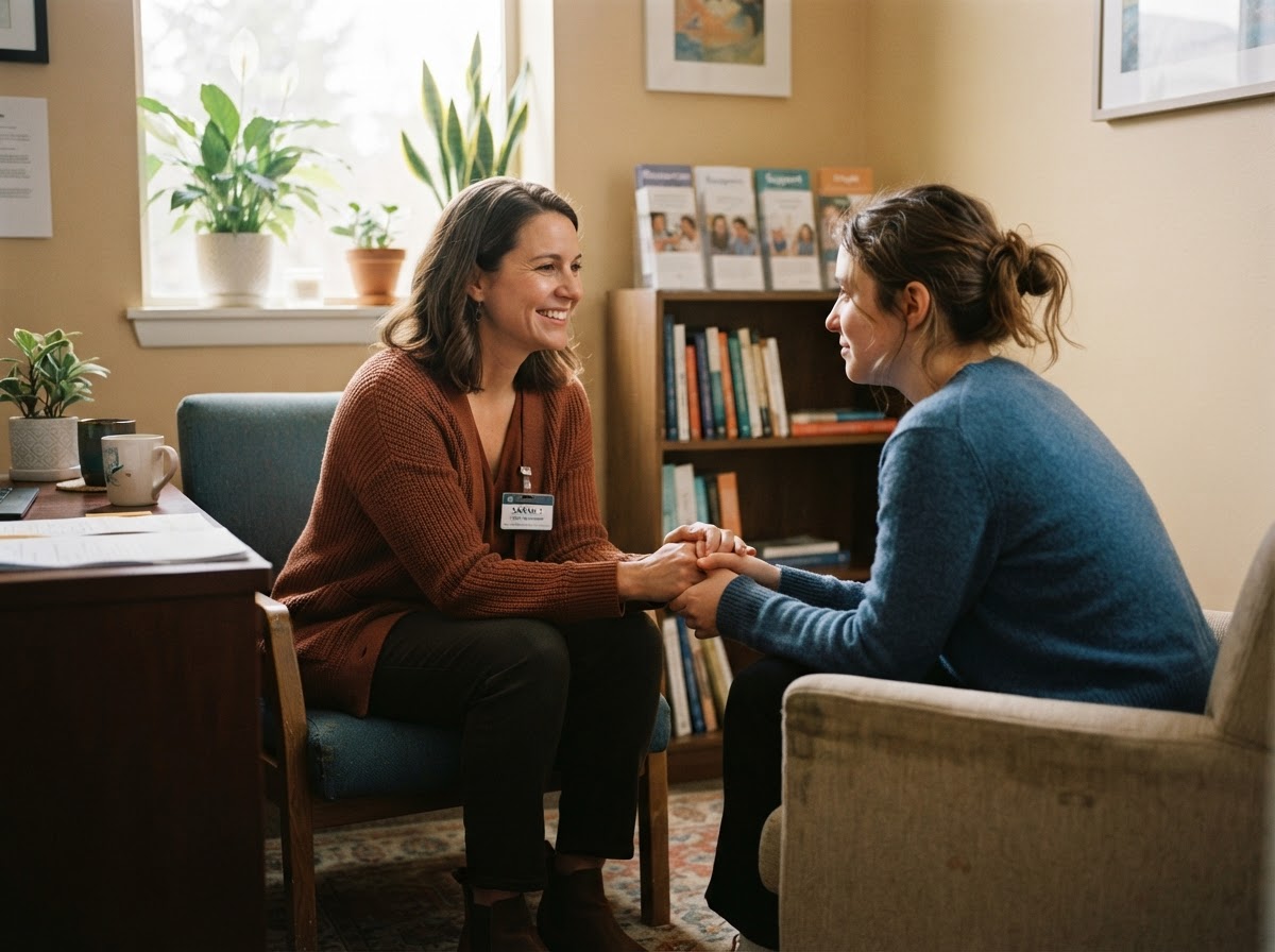 Crisis counselor talking supportively with a person in a calm community office