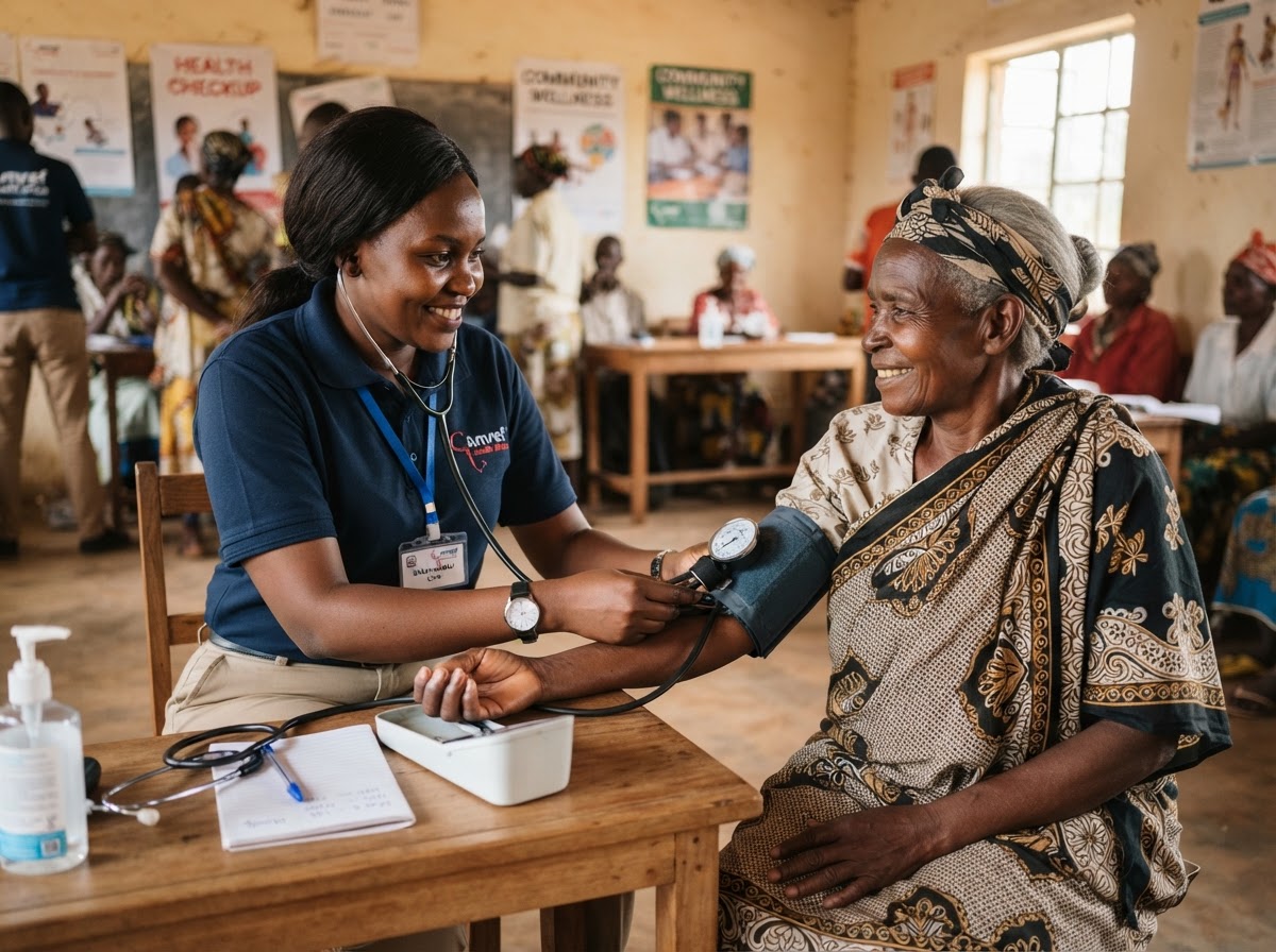 Community health worker providing a free basic health screening and blood pressure check to a senior