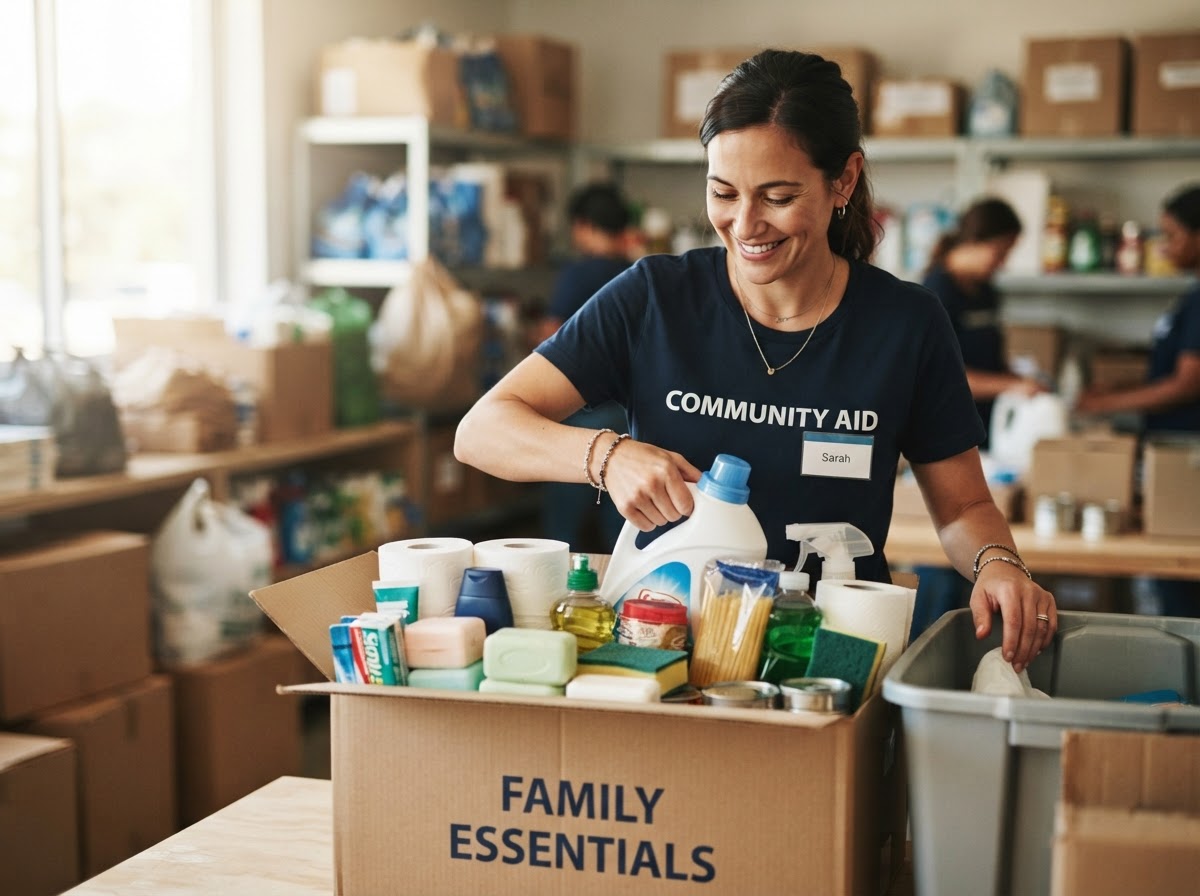 Caring professional packing essential household supplies into a box for a family in need