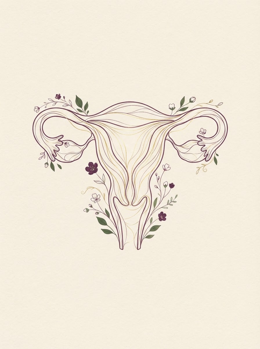 Ilustración simbólica de reconexión uterina — silueta orgánica con hilos dorados y flores delicadas