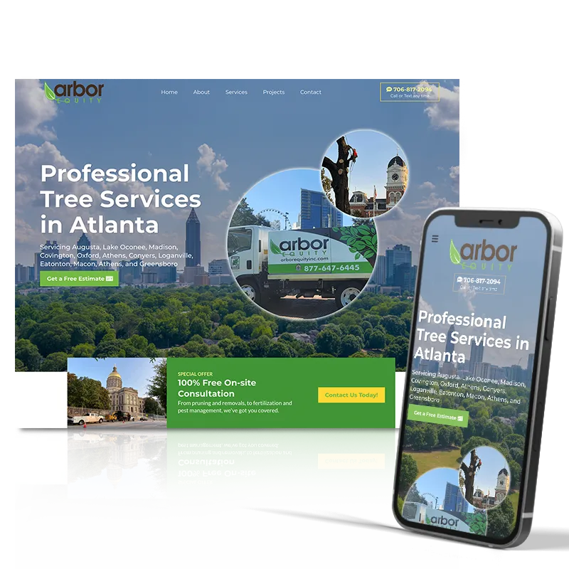 Arbor Equity tree services website on desktop and mobile with green nature theme