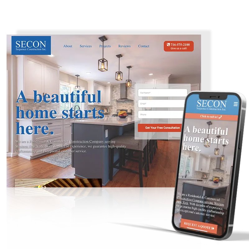 SECON Sequence Construction website on desktop and mobile with blue kitchen interior