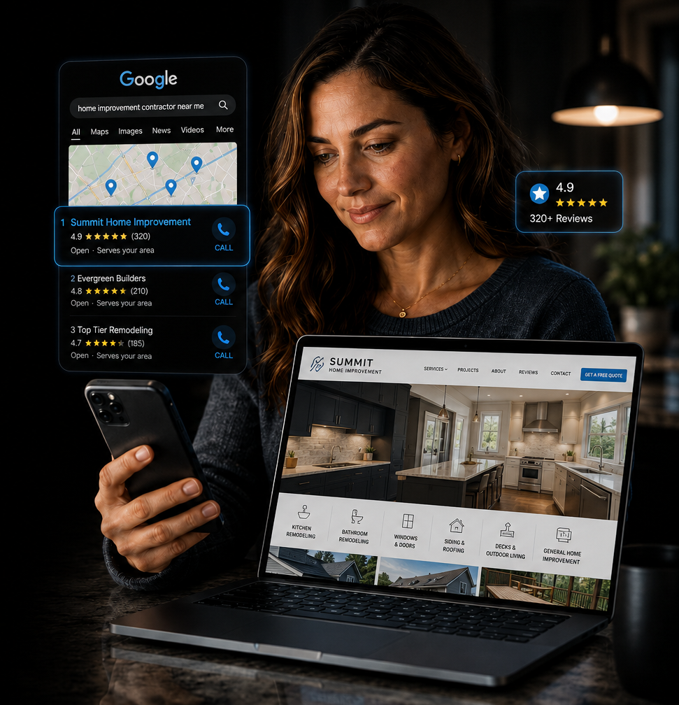 Woman searching for home improvement contractor on phone and laptop showing Summit Home Improvement website