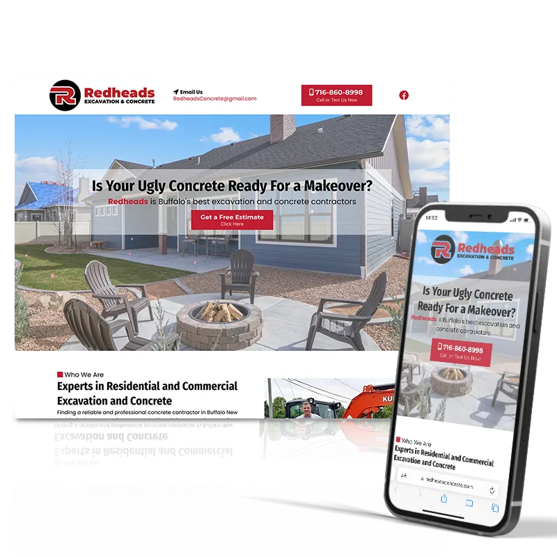 Redheads Excavation & Concrete website on laptop and mobile showing concrete patio design