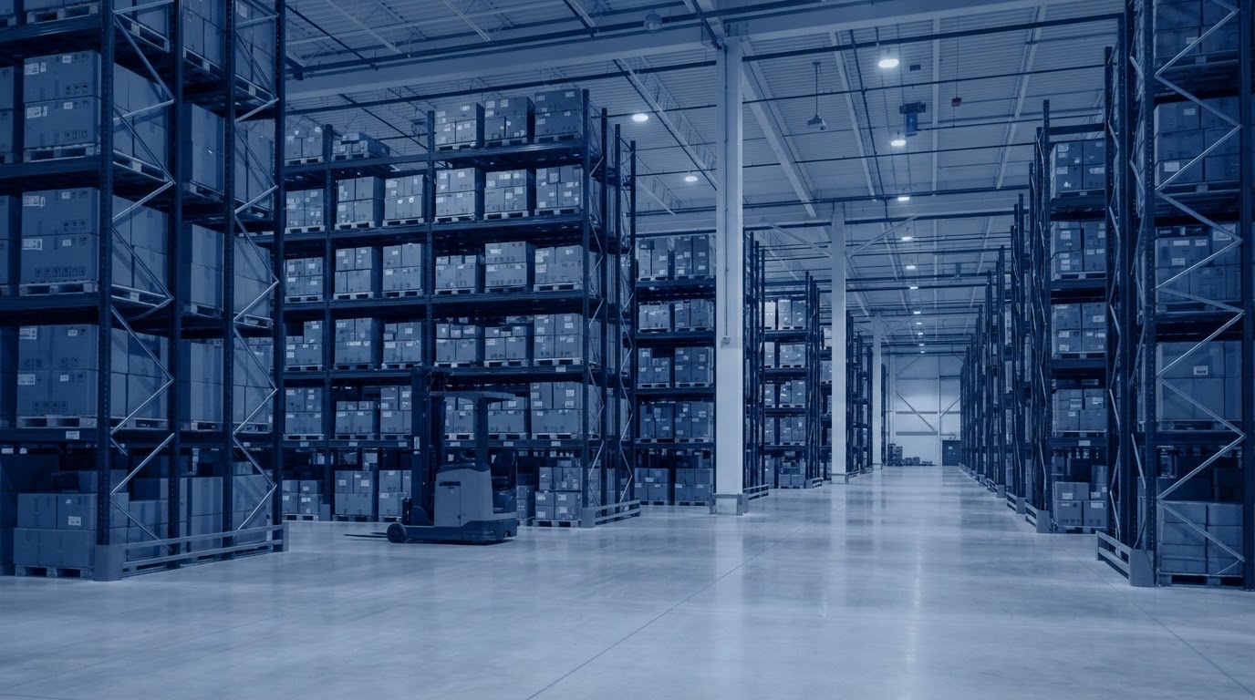 Warehouse interior with steel racking filled with palletized automotive parts, the operational reality behind GLOWINT's consulting work