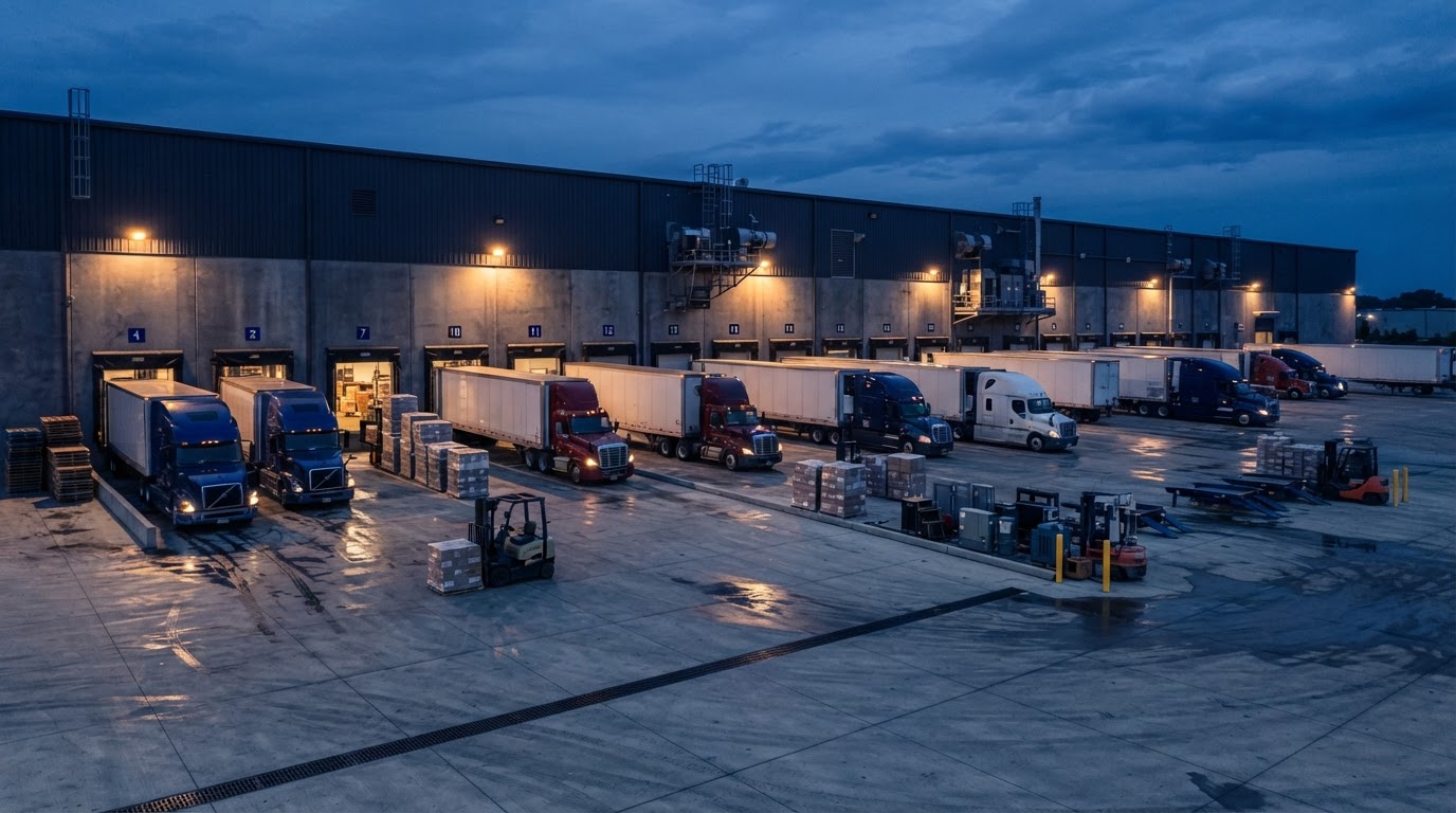 Loading dock with truck bays and freight operations, how GLOWINT routes inquiries from Miami to the right regional partner