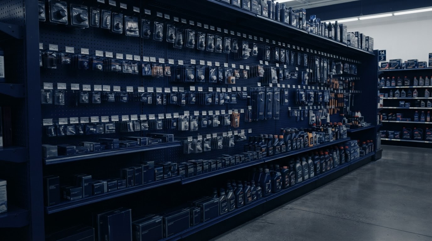 Automotive retail shelf planogram showing placed product facings