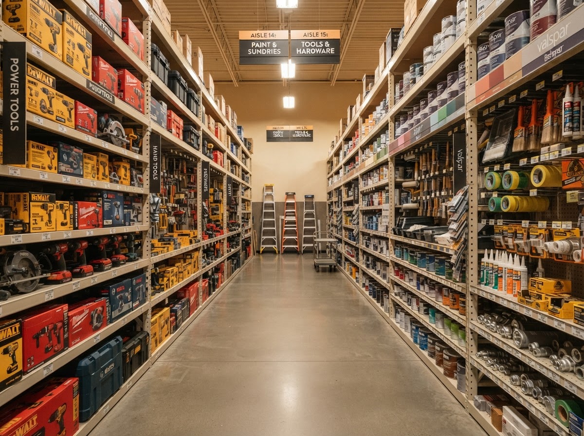 Hardware store aisle and tool wall representing tools and equipment placement into big-box retail