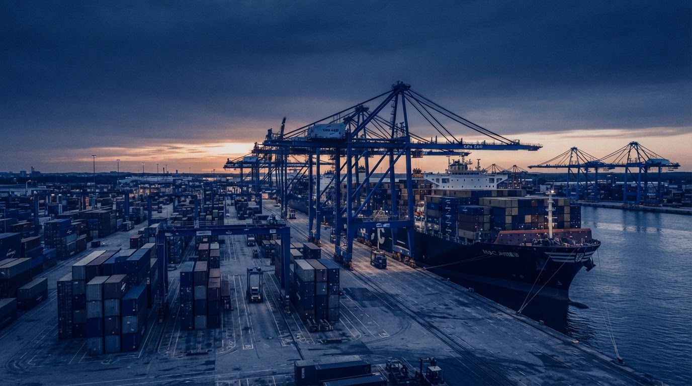 Container port at golden hour representing GLOWINT's international manufacturer representation network